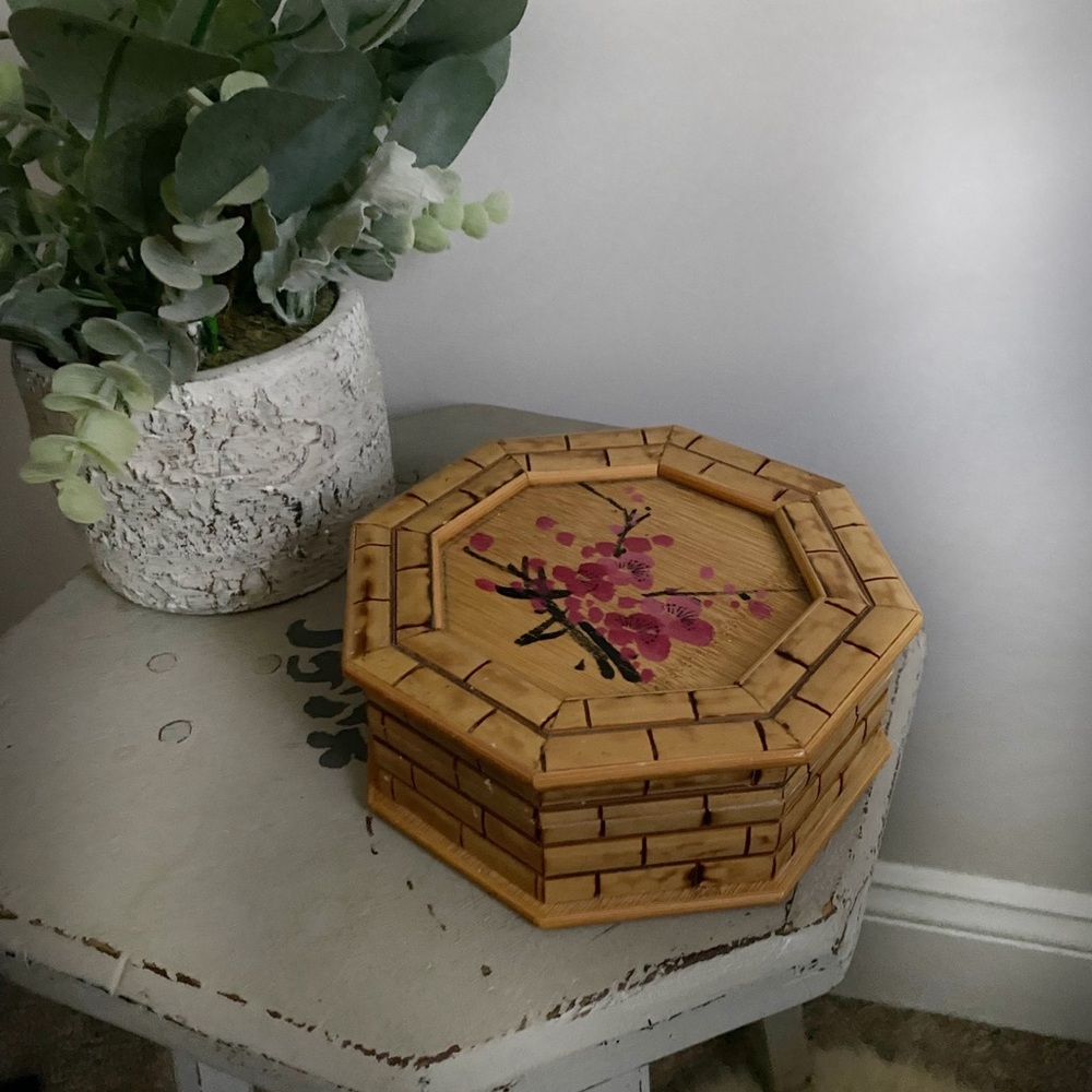 Vintage Octogen Hand painted Floral Bamboo Wood Trinket Box